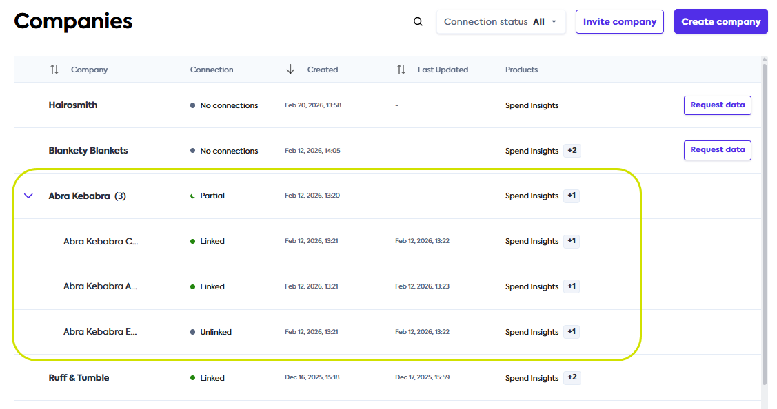 An image of the Companies tab with a parent company called Abra Kedabra and its subsidiaries highlighted.